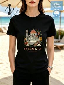 Florence Renaissance Cathedral Print Cotton Graphic T-Shirt For Sightseeing Vintage Fashion - 黑色 - 查看 3
