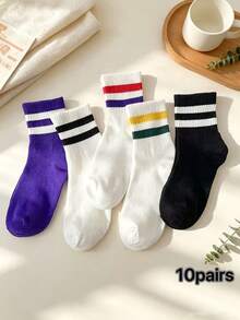5 Pairs Unisex American Retro Double Stripe Mid-Calf Socks, Pure Cotton Vertical Stripe Socks, Street Style Couple Sports Socks - Multicolor - View 8