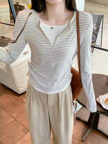 Kaos Lengan Panjang Leher Persegi Bergaris Gaya Korea 2 in 1 untuk Wanita, Ukuran Petite Slim Fit, Atasan Dalaman Pendek untuk Liburan Musim Gugur - Putih - View 4