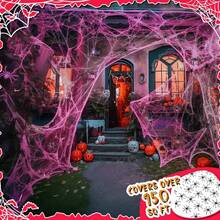 1 Set Halloween New Pink Spider Cotton Scene Decoration Spider Web Pink Spider Web Haunted House Prop Cotton - A - View 2