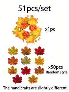 51pcs/Set Halloween/Autumn Maple Leaf Candle Ring Decor. Artificial Maple Leaf Set, Candle Wreath, Autumn Tabletop Decoration, Halloween And Thanksgiving Centerpiece, Harvest Festival Party Styling, DIY Autumn Wedding Tabletop Decor. - A - View 12