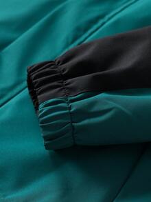 Women's Black & Dark Green Colorblock Hooded Jacket, Adjustable Drawstring Hood, Front Zipper Outdoor Hiking Sports Jacket - Dark Green - View 7