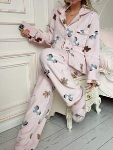 2pcs/Set Women's Winter Striped Pony Plush Bear Thick Thermal Lined Lapel Long Sleeve Top And Pants Pajama Set - Pink - View 6