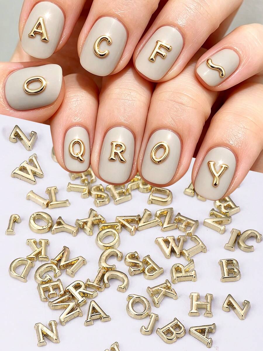 52Pcs 3D Gold Alloy Letter Nail Charms Metal A-Z Alphabet Nail Studs Vintage Metallic Mini Capital Letter Nail Jewelry Accessories Minimal Y2K Sweet Cool Girl DIY Salon Manicure Decoration Nail Supplies - Gold - View 1