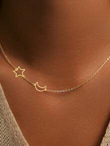 1pc S925 Sterling Silver Minimalist Personalized Fresh Dreamy Hollow Star Moon Side Necklace Korean Ins Artistic Style Niche Elegant Versatile Fashion Low-Key Gentle Atmosphere Neck Accessory Daily Commute Casual Shopping High-End Jewelry Graduation Season Gift - Stars and Moon - View 5