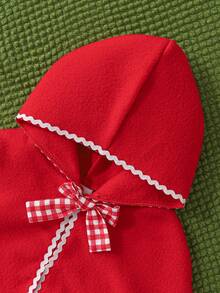 Baby Girl Bow Decor Hooded Cape And Plaid Dress Set - Red - View 4