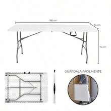 Mesa Plegable 1.80m| Tipo Portafolio de Plástico| Blanca para Jardín Exterior - Blanco - Ver 3