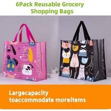 6 Pack Reusable Grocery Bags Foldable Large Reusable Shopping Bags, Supermarket, Picnic, Beach Home Storage - Pink Black - View 3