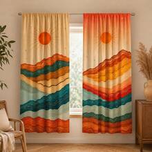 2pcs Mid-Century Rainbow Mountain Sun Semi-Sheer Curtains 90GSM Privacy-Protect Polyester, Easy Install, Quick-Dry & Fade-Resistant, Lightweight Washable. Great Decor/Room Dividers For Bedroom, Kitchen & Home. - Multicolor - View 6