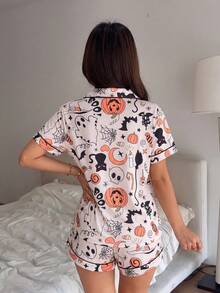 2pcs Women's Halloween Funny Ghost Pumpkin Bat Print Short Sleeve Top And Bow Shorts Pajama Set - Apricot - View 2
