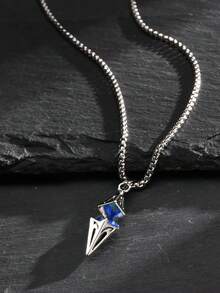 Modischer unisex blauer Stein Anhänger Halskette mit Edelstahlkette, geometrisches Design, Geschenk für Freund/Freundin, Party Accessoire, Sommerfashion - Verschiedenfarbig - Übersicht 3