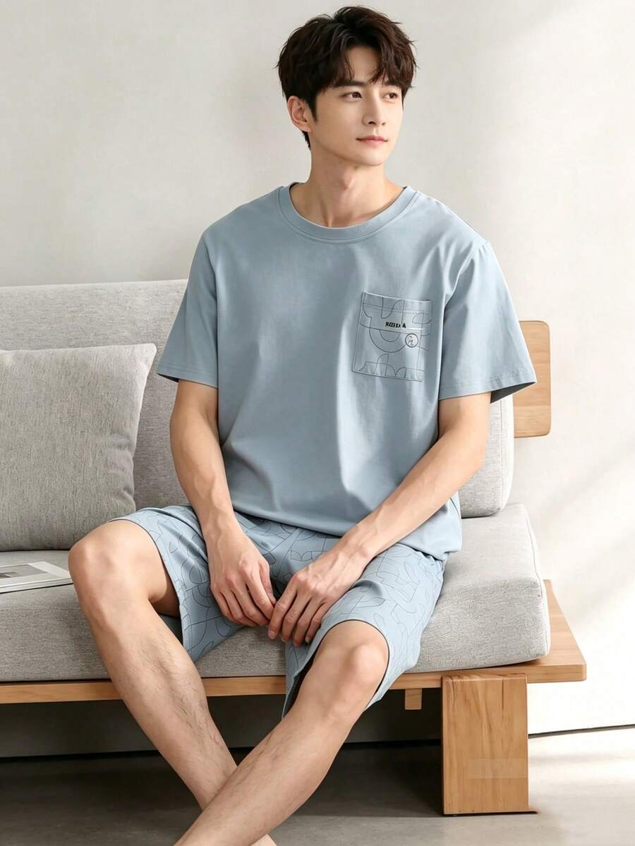AICJ 2pcs Men's Solid Color Casual Loose Minimalist Pocket Round Neck Short Sleeve Plaid Shorts Pajama Set, Suitable For Spring & Summer - Baby Blue - View 1