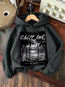 2pcs Set Suitable For Teenage Boys, Hooded Sweatshirt And Wide Leg Pants Outfit, Printed With American Vacation Style Black And White Beach Scene Coconut Tree Print Hooded Sweatshirt And Wide Leg Pants Matching Set, Suitable For Autumn/Winter Daily Wear - Multicolor - View 6
