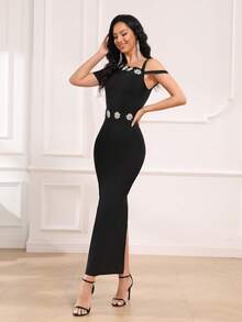 Gaun Maxi Wanita Hitam Musim Panas dengan Hiasan Berlian Imitasi dan Motif Bunga, Lengan Pendek Satu Bahu Asimetris, Model Bodycon, Elegan untuk Acara Malam Formal, Wisuda, dan Prom - Hitam - View 6