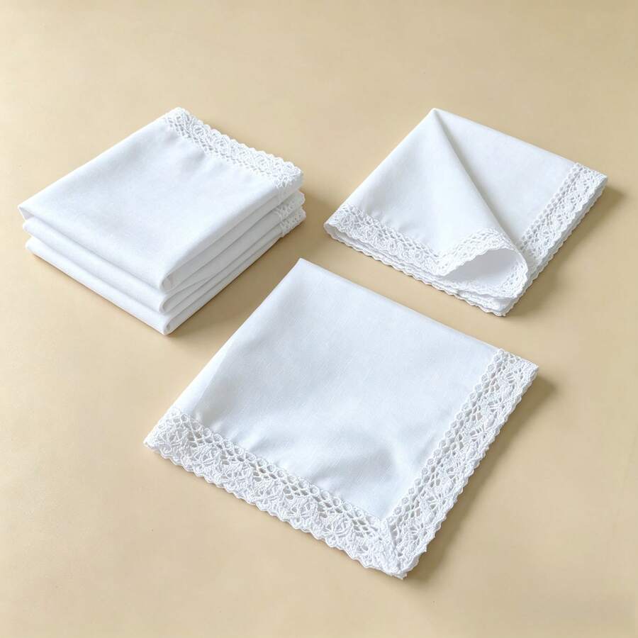 33cm Thin Pure Cotton White Square Handkerchief With Delicate Lace Trim, Unisex, Wedding Anniversary Keepsake Gift, 3pcs/6pcs