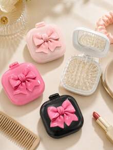 Macaron Color Series - Mini Foldable Air Cushion Comb With Built-In Mirror, Candy Color Portable Travel Comb, Cute 3D Bow Decoration Massage Comb, Anti-Static - Foldable Air Cushion Massage Brush, Suitable For Girls And Women Daily Outdoor, Travel, Vacation, Back To School, School Opening Gift, Party Holiday Small Gift - Multicolor - View 3