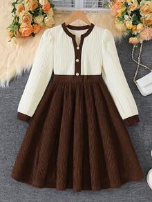 Autumn/Winter Girls' Fashion Elegant Single-Breasted Decorative Button Color-Block Long Sleeve Dress - Coffee Brown - View 2