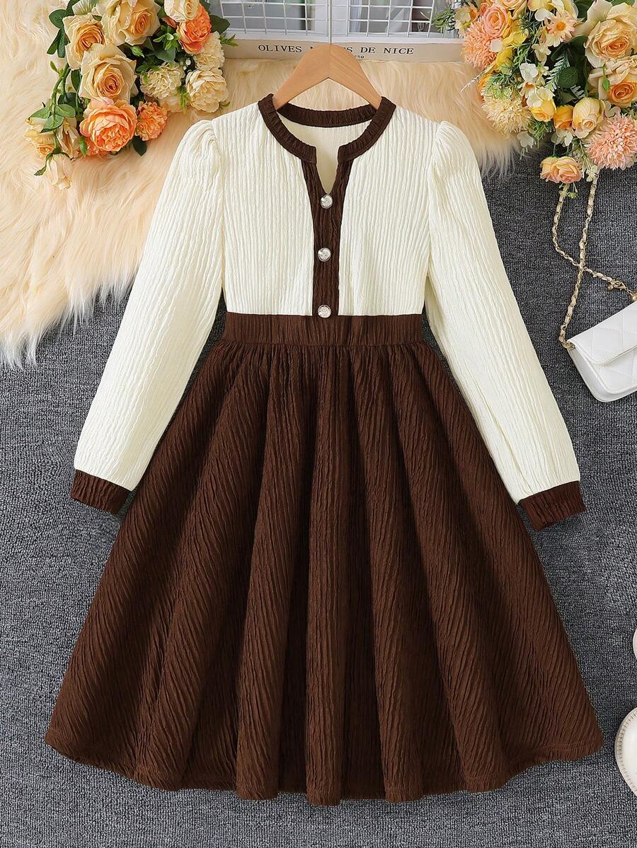 Autumn/Winter Girls' Fashion Elegant Single-Breasted Decorative Button Color-Block Long Sleeve Dress - Coffee Brown - View 1