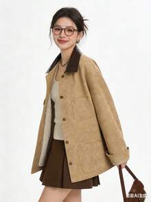 Jaket Kancing Depan Bahan Suede Beludru Gaya Gudang Vintage Maillard Warna Cokelat, Kasual Musim Dingin untuk Kampus/Kantor - Khaki - View 6