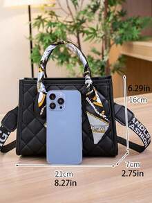 2026 Elegant Women's Handbag Embroidered Rhombus Tote Bag Premium Shoulder Crossbody Square Bag Scarf Decor Large Capacity Commuter Style Gift For Her - Multicolor - View 2