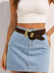 1pc Boho Women's Belt, Western Style Brown Rivet Waist Belt, Wide Belt, Festival Accessories, Vintage Asymmetrical Buckle Rivet Design, Y2K Girl Belt, Matches Coats, Pants, Skirts, Suitable For Casual, Parties, Gatherings, Campus, Music Festivals - Brown - View 3