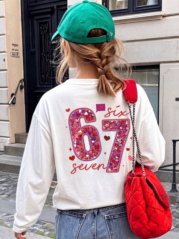 1pc Tween Girl Heart Sequin 67 Number Print Long Sleeve T-Shirt, Autumn New Loose Round Neck Top, Sweet Girly Style, Casual Versatile Innerwear, Soft Skin-Friendly, School Daily Wear, Niche Design, Cute Heart & Star Print, Tween Girl Top