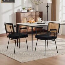 Modern Dining Chair, Set Of 2, Chenille Upholstery, With Armrests, Solid Wood Backrest Frame, Rattan Look, Adjustable Metal Legs - Black - View 12