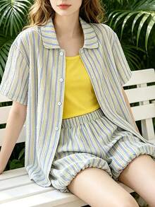 Conjunto de 3 piezas de ropa para niñas, con rayas verticales azules, amarillas y blancas con textura de tela arrugada de burbujas, una camisa de cuello casual, brillante - Amarillo - Ver 2