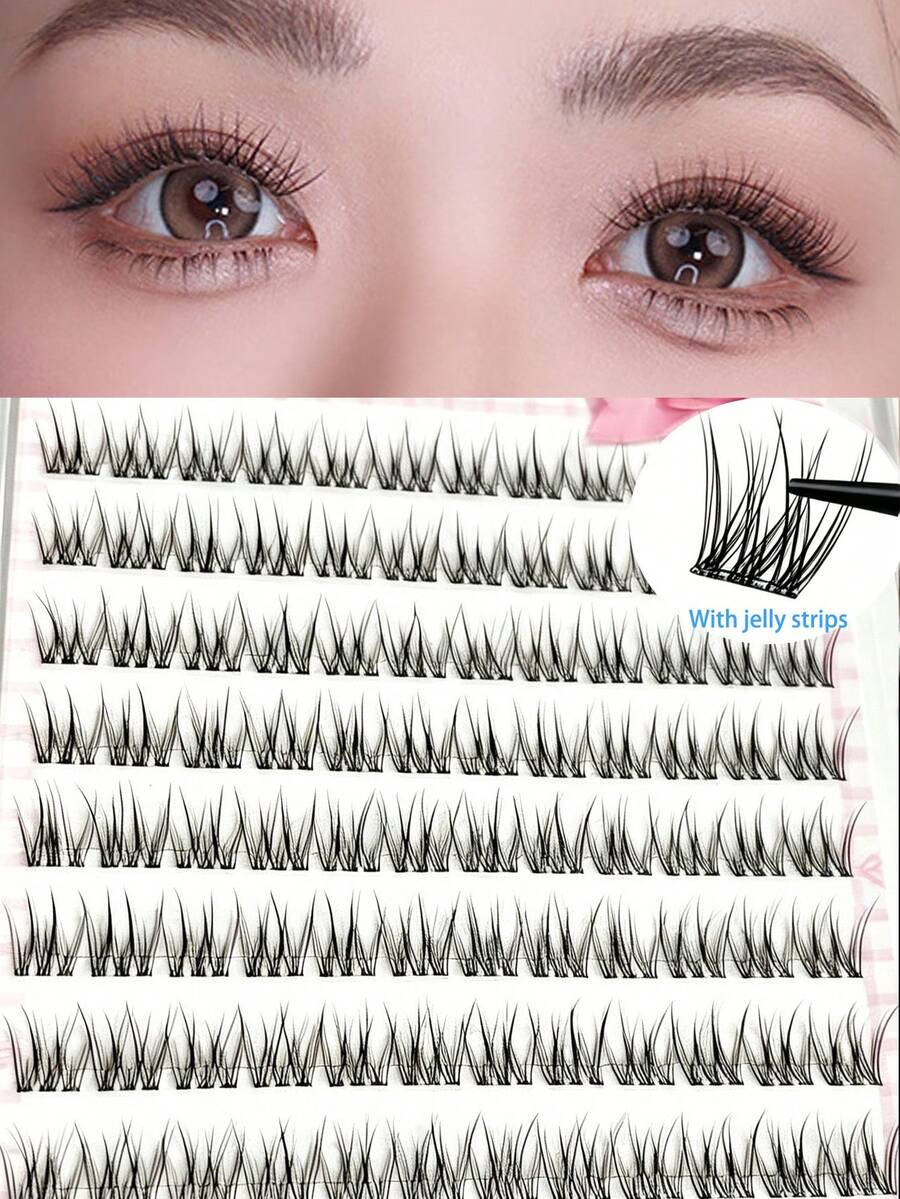 120pcs Glue-Free Transparent Stem Fish Tail False Eyelashes, Natural Segmented Ultra-Natural Single Cluster Beginner No-Makeup Look Realistic Cat Eye Makeup, Fan-Shaped Makeup, Ultra-Lightweight (Random Backing Card) Daily Beginner Realistic Segmented False Eyelashes, The Ultimate Slouchy Fish Tail Baby Curl Design, Fits Eye Shape, Naturally Curly, Easy To Use, Suitable For Any Occasion, Easily Create A Natural And Beautiful Makeup Look! - C - View 1
