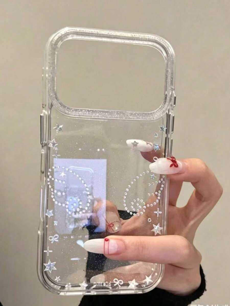 Korean Style Premium Minimalist Star Bow Wing Phone Case, Compatible With Apple 17 Pro Max, 16, 15 Pro, 15, 14 Pro, 14, 13, Fashionable Influencer Style Shockproof Phone Case - Clear - View 1