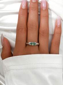 Besthing 1pc Fashion Glamorous S925 Sterling Silver 1CT Moissanite Blue-Green Marquise Couple Matching Wedding Ring, High Quality For Wedding, Daily Wear And Holiday Gift - Multicolor - View 2