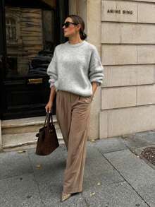 Sweater Rajut Pendek Longgar Berkerah Bulat Warna Abu-abu Muda dari Mohair, Lembut, dengan Bahu Jatuh, untuk Wanita, Musim Gugur/Musim Dingin, Gaya Minimalis Prancis, Pakaian Sehari-hari untuk Perjalanan, Atasan Lapisan Dalam - Light Grey - View 4