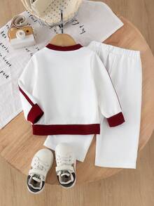 2pcs Baby Boy Minimalist Sporty Knight Logo Striped Colorblock Crew Neck Long Sleeve Sweatshirt And Straight Leg Pants Set, Suitable For Daily Casual Wear In Spring And Autumn - White - View 3