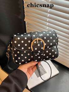 波點 PU 單肩包，皮帶扣翻蓋半月型斜挎包，適合女性、年輕女性、大學生，適合購物使用 - 黑色 - 查看 1