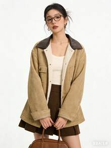 Jaket Kancing Depan Bahan Suede Beludru Gaya Gudang Vintage Maillard Warna Cokelat, Kasual Musim Dingin untuk Kampus/Kantor - Khaki - View 7