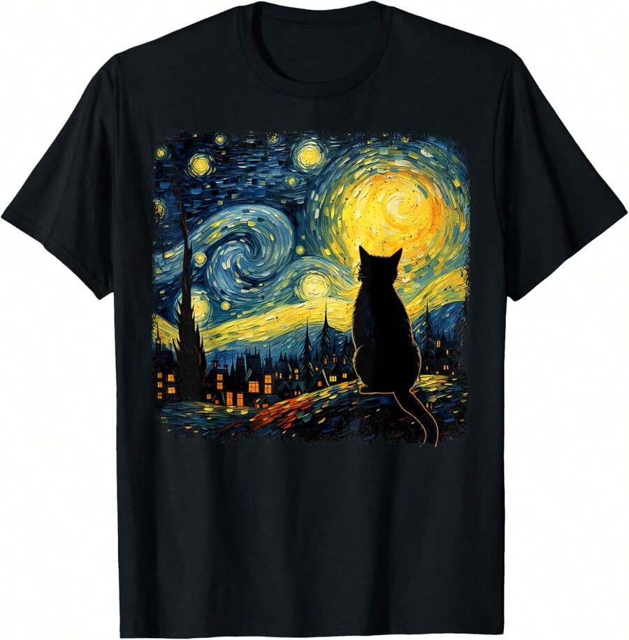 Magliette divertenti con gatto e Notte Stellata di Van Gogh per amanti dei gatti, mamma e papà - nero - Visualizzare 1