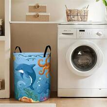 A Cartoon Ocean Animal Patterned Laundry Basket With Dolphins, Octopuses, And Seaweed Designs, Featuring Handles For Storage, Perfect For Clothes And Bedroom Decor. - Baby Blue - View 5