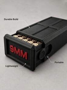 Portable 9MM Tactical Ammo Storage Box, Pull-Out Design Desktop Bullet Organizer, High-Pressure Resistant Hard Shell Shooting Range Equipment, Personalized 9MM Labeled Box, Cool Hardcore Shooting Enthusiast Men's Black Tactical Accessory - View 6