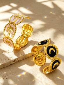 VceTd 1 Set Gentle Style Enamel Craft Pattern Design Stainless Steel Women's Bracelet Suitable For Vacation And Travel - Yellow Gold - View 7