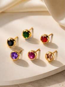 VceTd 1 Pair Mini Cute Style Colorful Glass Decorated Round Ball Stainless Steel Stud Earrings For Women, Suitable For Daily Wear - Yellow Gold - View 7
