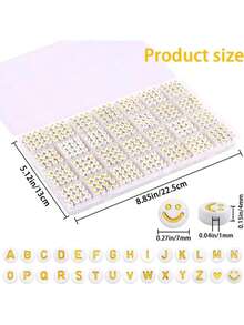 1400pcs 4*7mm Round Letter Beads, For Jewelry Making, 28 Styles Gold A-Z Acrylic Beads Set, Includes Heart Beads, Suitable For Bracelet Making - White - View 3