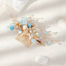 1 Buah Sisir Rambut Putri Duyung Laut, Jepit Rambut Kawat Emas Buatan Tangan Berbentuk Bintang Laut Kerang Biru Muda dengan Kristal Mutiara untuk Pernikahan Pantai dan Liburan Musim Panas - Baby Blue - View 4