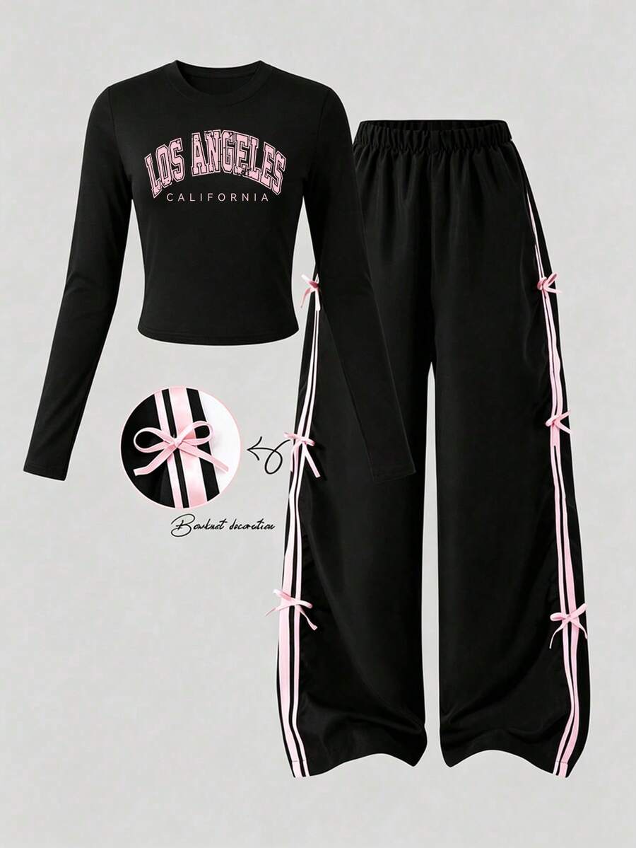 2pcs/Set Teen Letter Print Short Sleeve And Long Pants Set, Bow Ribbon Decor, Gothic, Sweet 16, Pink, Sporty And Casual Wear Y2K Girl Outfit - Black - View 1
