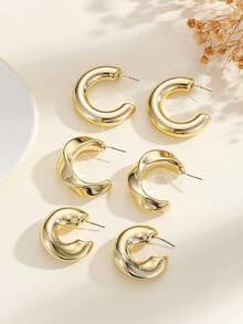 3 Pairs Luxury High-End Water Drop Shaped Stud Earrings, Fashion Versatile Exquisite Minimalist Smooth Surface Personalized Earrings, Suitable For Women's Daily Wear, Holiday Gift - Yellow Gold - View 11