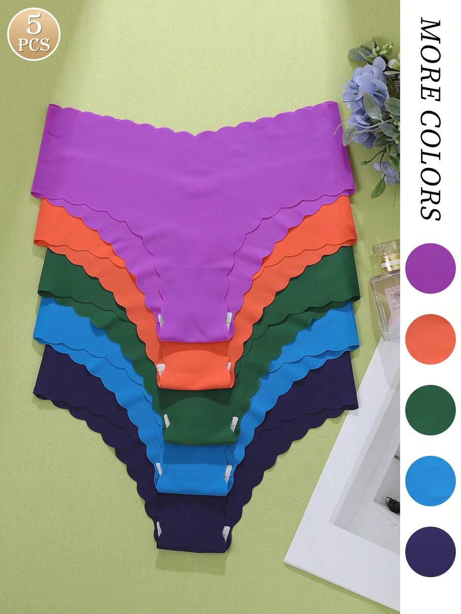 5件組女款無縫三角內褲 紅黑配色 素色 性感舒適面料 波浪邊 - 彩色 - 查看 1