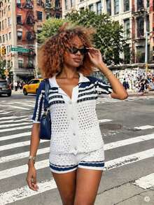 2026 New Striped Colorblock Cardigan Sweater Women's Summer New Hollow Out Breathable Short Sleeve Top Set - Multicolor - View 5