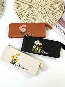 Customized Pencil Case, Personalized Name Pencil Box, Floral Print, Large Capacity Design, Unisex For Students, Personalized Customization, Reusable, Large Capacity, Suitable For Stationery, Lipstick, Makeup Brushes, Eyebrow Pencils Storage, Gift For Family, Friends, Students, Professionals, Teachers, Suitable For Business Office And Campus Life, Back To School Gift, Teacher Gift - Multicolor - View 7