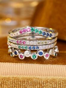4 Stücke modisches Damen-Ringset mit Regenbogen-Zirkonia-Einlagen – perfekt für tägliches Layering und Styling - Silber + Farbe - Übersicht 3