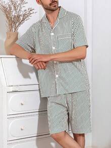 男士夏季睡衣套裝，短袖上衣與短褲，條紋印花，2件式居家休閒服 - 彩色 - 查看 5