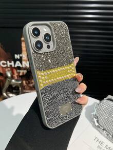 1pc Black Rhinestone + Seed Bead Solid Color Anti-Drop Spray Painted Phone Case Suitable For 17promax/18pro - Grey - View 4